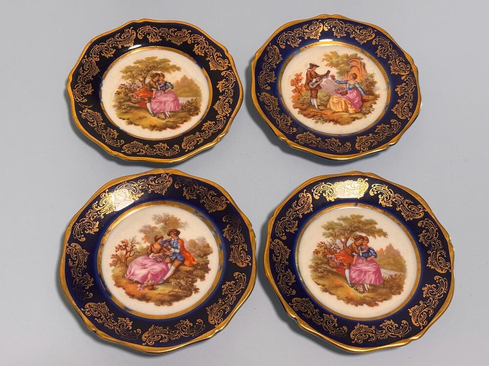 Limoges France Blue White Cobalt Porcelain Miniatures Set of 4 Plate Dish